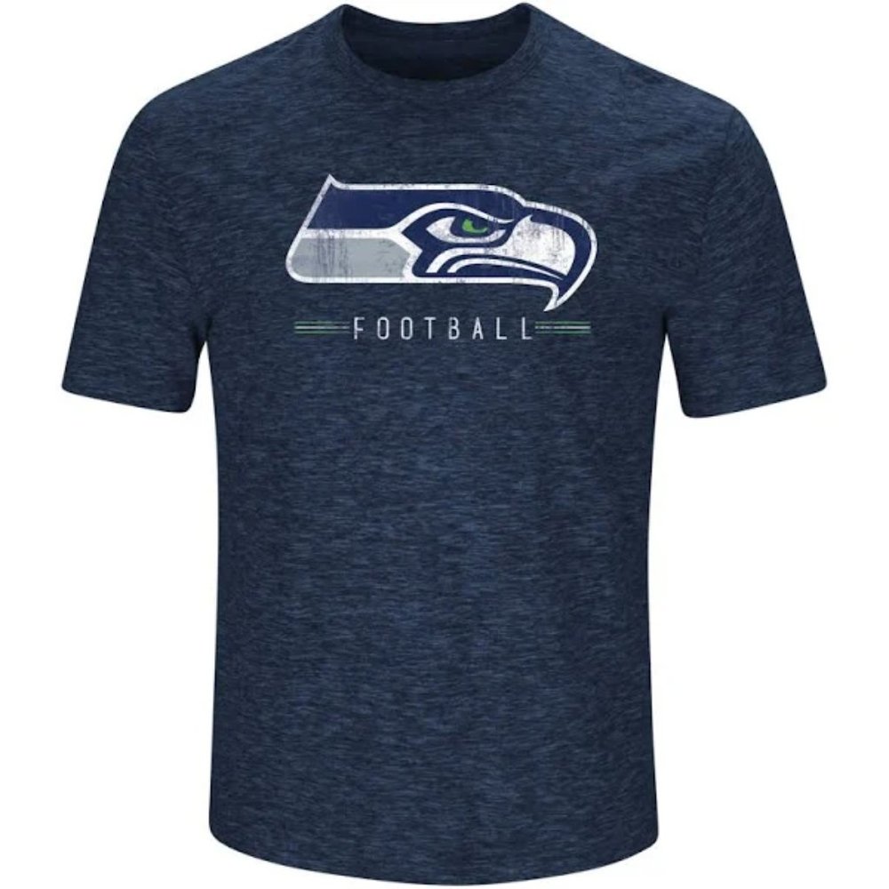 Majestic Men's Seattle Seahawks Football Tshirt Heathered Blue with Logo Size XL
